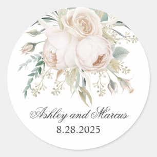 Elegant White Roses Watercolor Wedding Classic Round Sticker