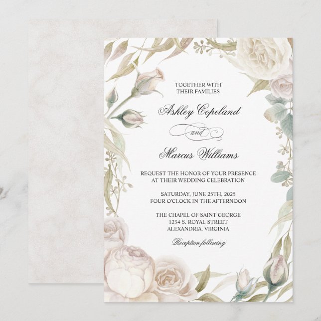Elegant White Roses Watercolor Wedding Invitation (Front/Back)