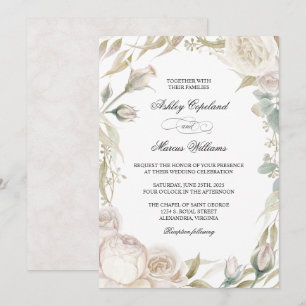 Elegant White Roses Watercolor Wedding Invitation