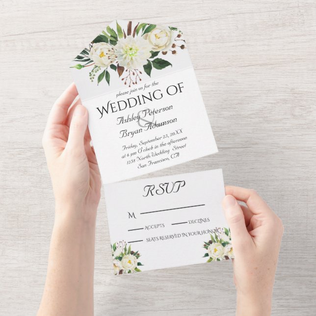 Elegant White Roses Wedding All In One Invitation (Tearaway)