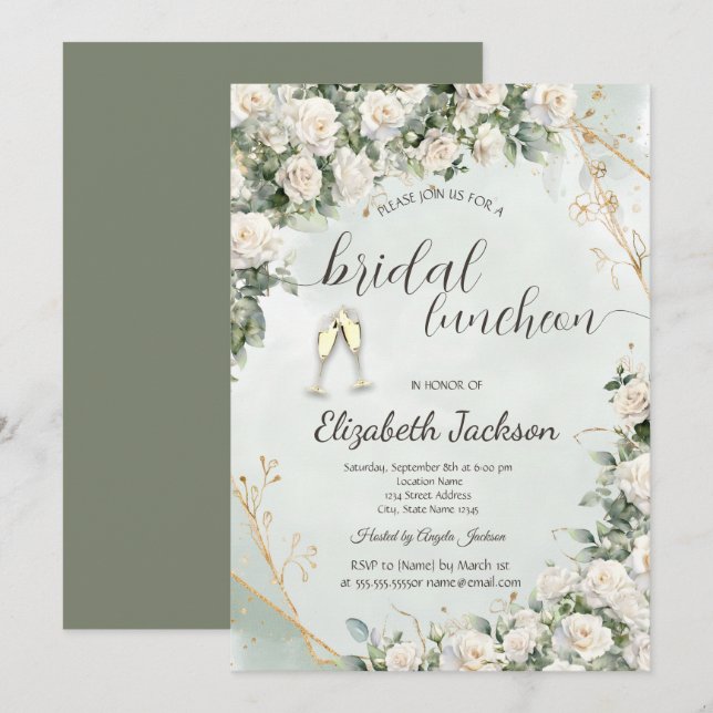 Elegant White Roses Wedding Champagne Wedding Invitation (Front/Back)