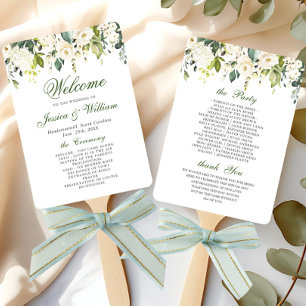 Elegant White  Roses Wedding Program Hand Fan