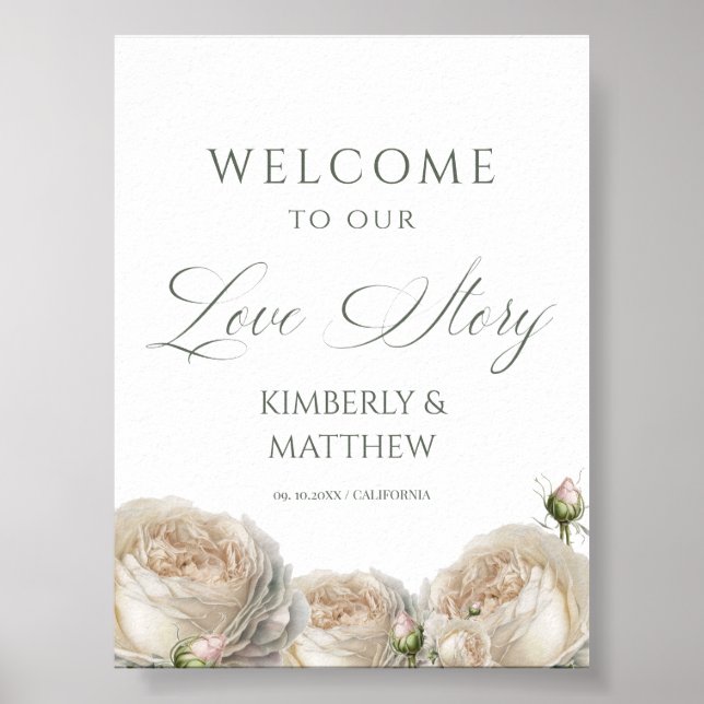 Elegant White Roses Welcome Wedding Sign (Front)