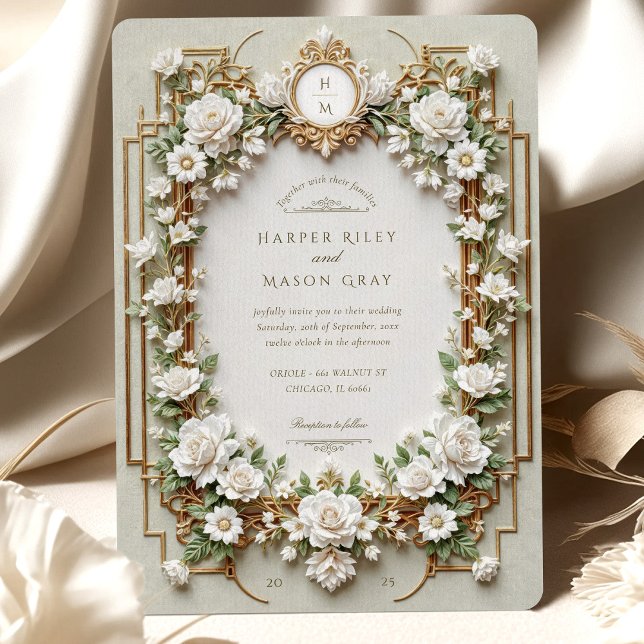 Elegant White Roses with Faux Gold Invitation (Creator Uploaded)