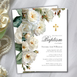 Elegant White Roses with Gold Cross Baptism  Invitation