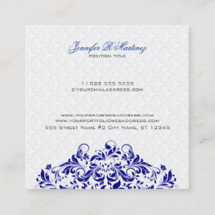 Elegant White & Royal Blue Damasks & Swirls Square Business Card
