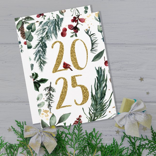 Elegant White Rustic 2025 New Years Holiday Card (ELEGANT WHITE RUSTIC WINTER BOTANICAL NEW YEARS GREETING CARD)