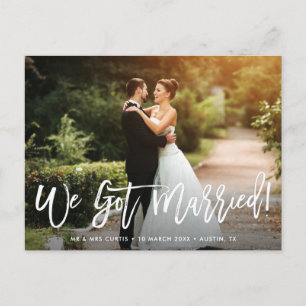 Elegant white rustic script wedding Announcement Postcard
