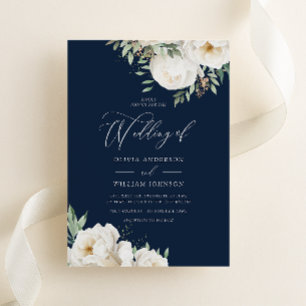 Elegant White & Sage Floral Navy Wedding Invitation