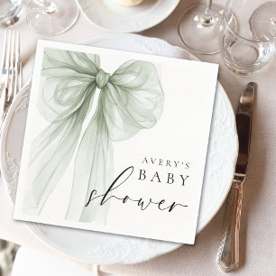 Elegant White Sage Green Bow Baby Shower Napkin