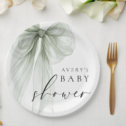 Elegant White Sage Green Bow Baby Shower Paper Plate