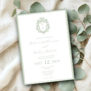 Elegant White & Sage Green Crest Monogram Wedding Invitation