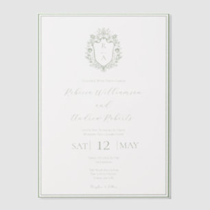Elegant White & Sage Green Crest Monogram Wedding  Vellum Invitations