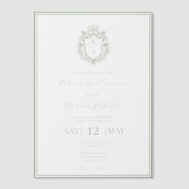 Elegant White & Sage Green Crest Monogram Wedding  Vellum Invitations (Front)