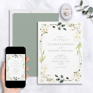Elegant White Sage Green Floral Botanical Wedding Invitation