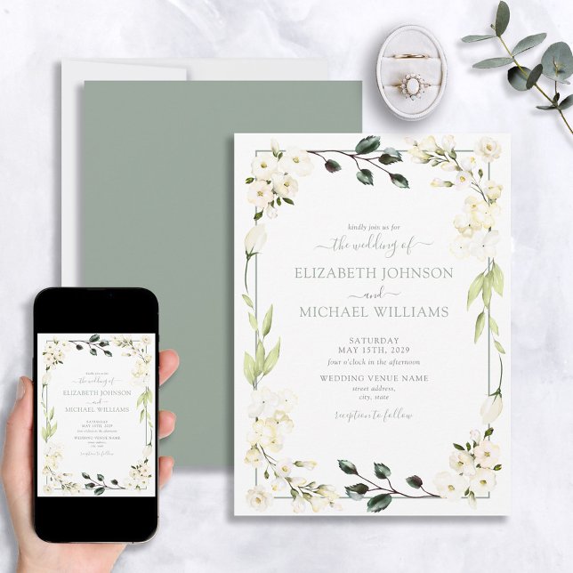 Elegant White Sage Green Floral Botanical Wedding Invitation (Creator Uploaded)