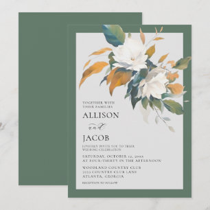 Elegant White Sage Green Floral Wedding Invitation