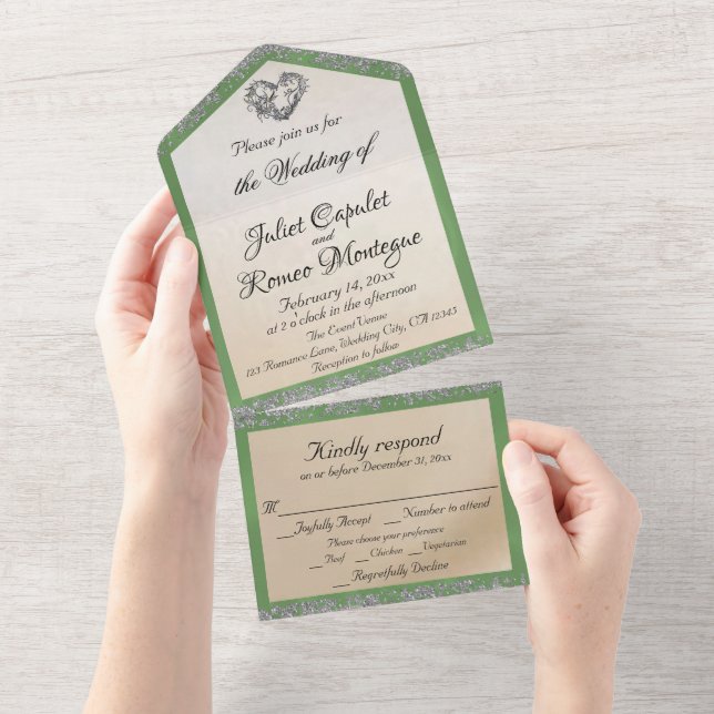 Elegant White, Sage Green Ribbon, Sparkle & Heart All In One Invitation (Tearaway)