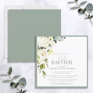 Elegant White Sage Green Watercolor Floral Baptism Invitation