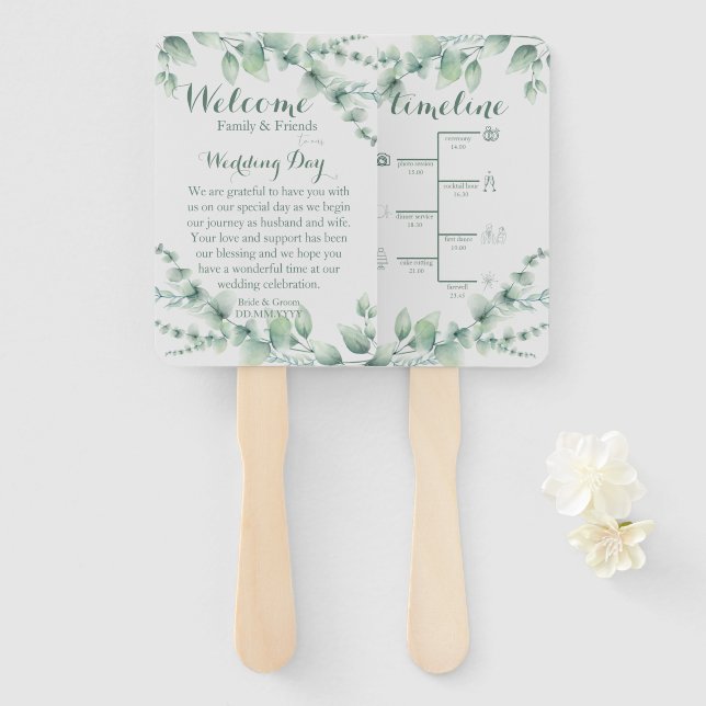 Elegant White & Sage Hand Fan (Front and Back)