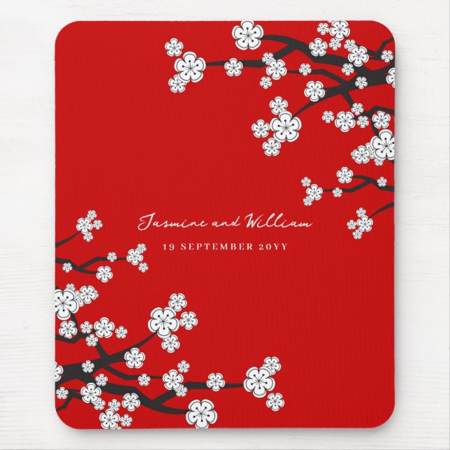 Elegant White Sakura Cherry Blossom Flowers On Red Mouse Mat (Front)