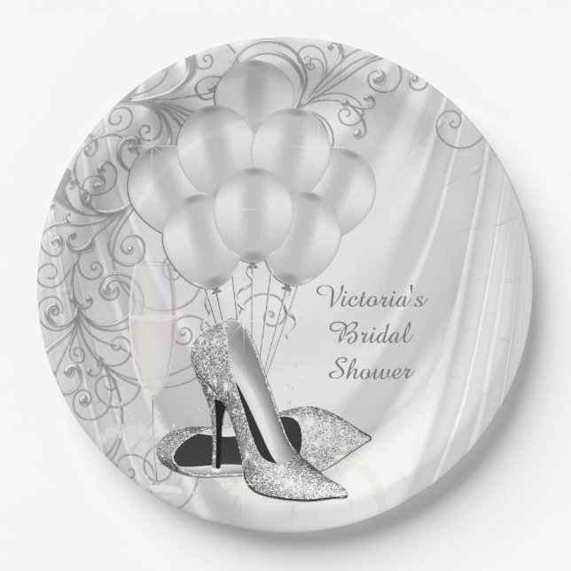 Elegant White Satin Silver Shoe Bridal Shower Paper Plate (Front)