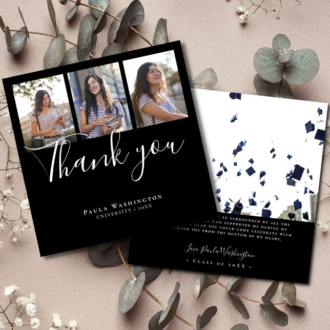 Elegant White Script | 4 photo Graduation Thank You Card (Creator Uploaded)