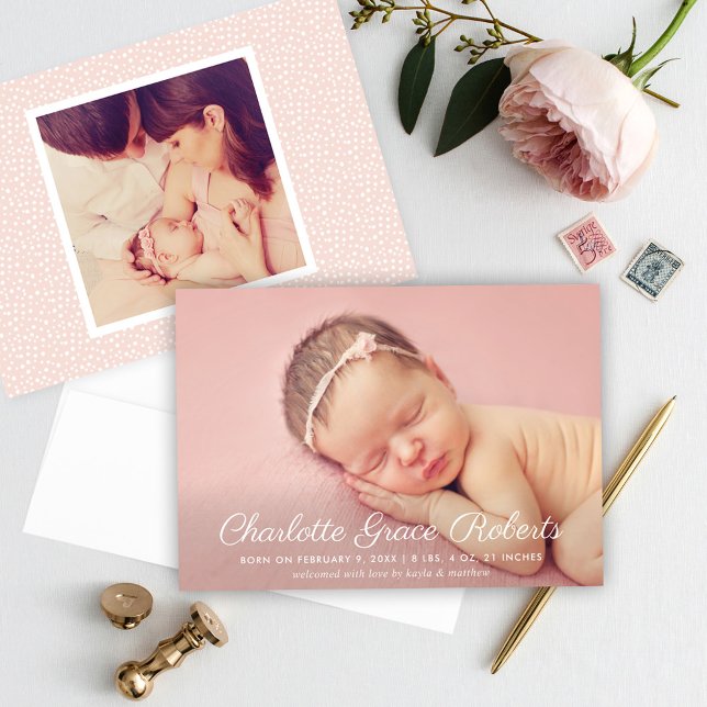 Elegant White Script Baby Girl Photo Blush Birth Announcement (Creator Uploaded)