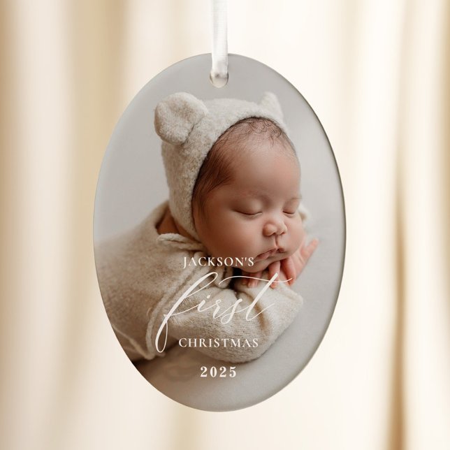 Elegant White Script Baby's First Christmas Photo  Ceramic Tree Decoration (Creator Uploaded)