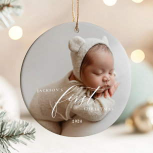 Elegant White Script Baby's First Christmas Photo Ceramic Tree Decoration