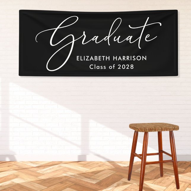 Elegant White Script Black Graduation Banner (Creator Uploaded)