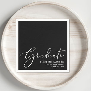 Elegant White Script Black Graduation Party Napkin