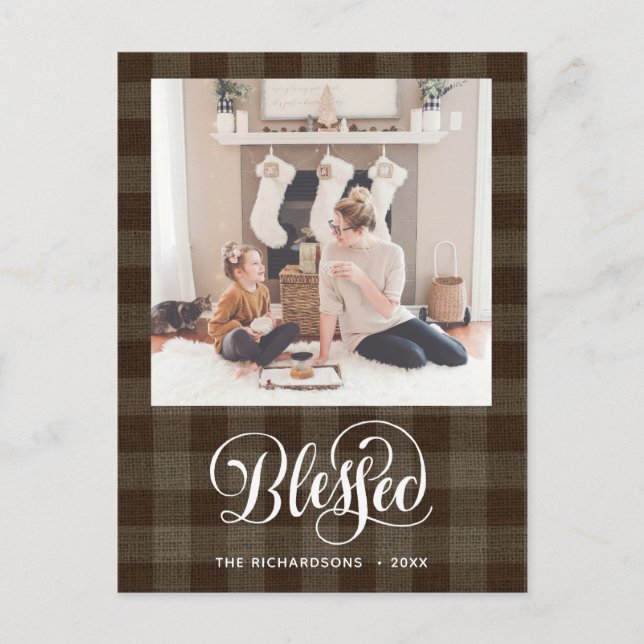 Elegant White Script BLESSED Brown Buffalo Plaid Postcard (Front)