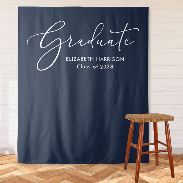 Elegant White Script Blue Graduation Backdrop Tapestry (Creator Uploaded)