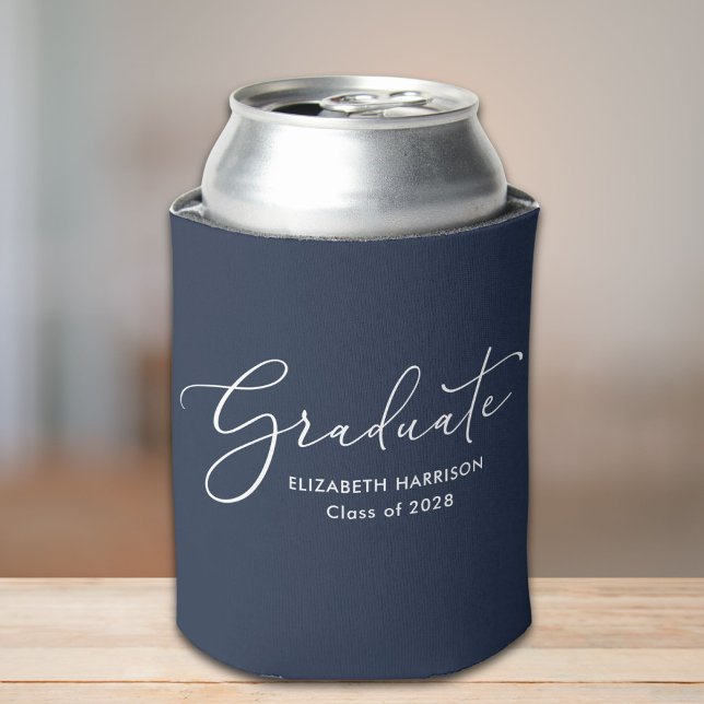 Elegant White Script Blue Graduation Can Cooler (Creator Uploaded)