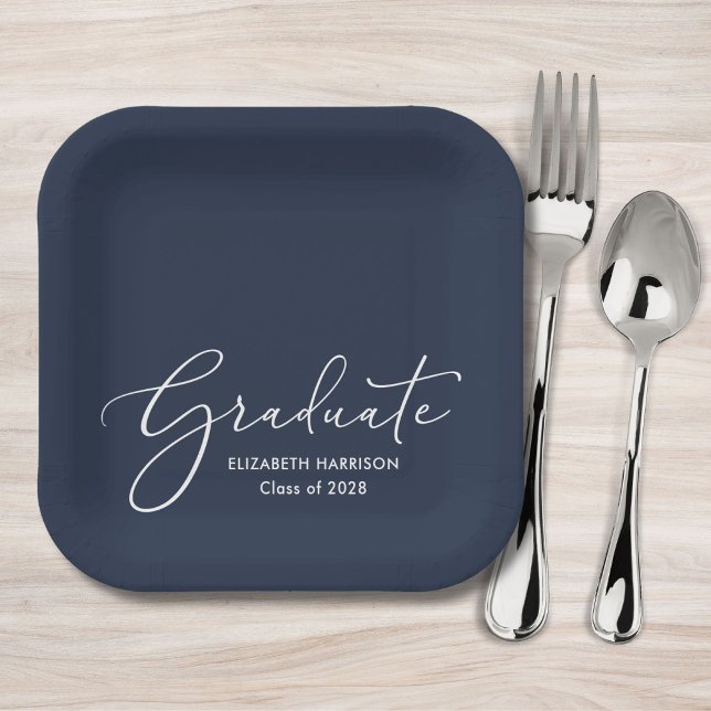 Elegant White Script Blue Graduation Party Paper Plate (Creator Uploaded)