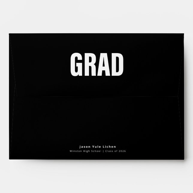 Elegant White Script Calligraphy Black Graduation Envelope (Back (Top Flap))
