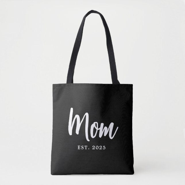 Elegant White Script Established New Mum Tote Bag (Front)
