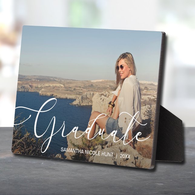 Elegant White Script Graduate Plaque (Photo's put directly on hardboard panel for stunningly crisp image on frameless tabletop easel-stand)