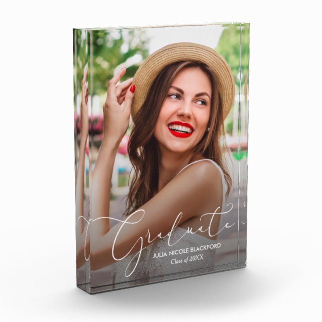 Elegant White Script Graduation Modern Photo Block (Left)