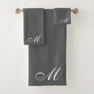 Elegant White Script Initial Grey Bath Towel Set