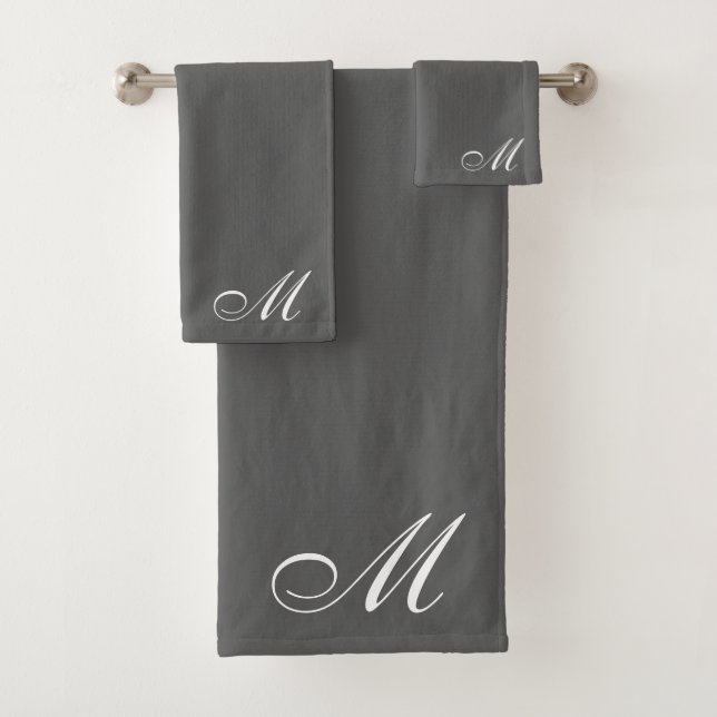 Elegant White Script Initial Grey Bath Towel Set (Insitu)