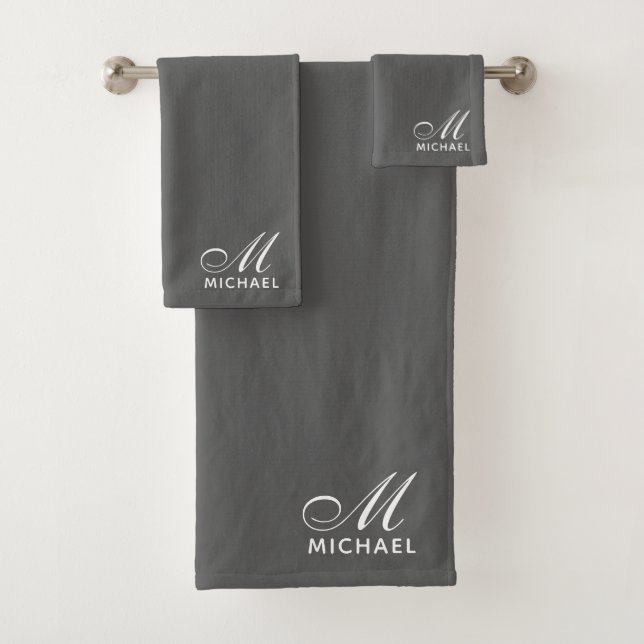 Elegant White Script Initial Monogram Grey Bath Towel Set (Insitu)
