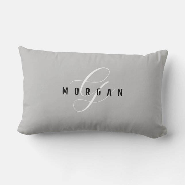 Elegant White Script Monogram & Black Name Lt Grey Lumbar Cushion (Back)