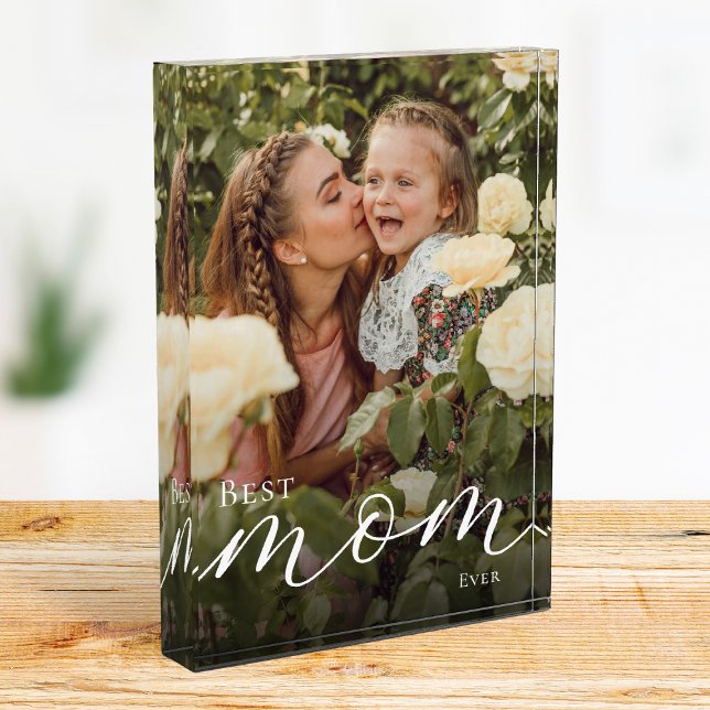 Elegant White Script Personalised Best Mum Ever Photo Block (Elegant White Script Personalized Best Mom Ever Photo Block)