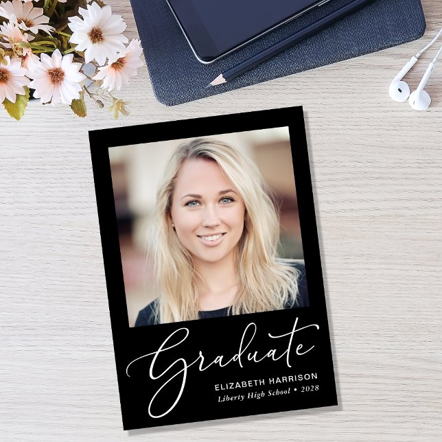 Elegant White Script Photo Black Graduation Announcement (Creator Uploaded)