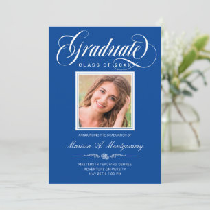 Elegant White Script Photo Blue College Graduation Announcement