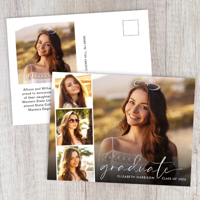 Elegant White Script Photo Collage Graduation Announcement Postcard (Cherish the milestone: share your graduate's achievement with a custom photo graduation announcement)
