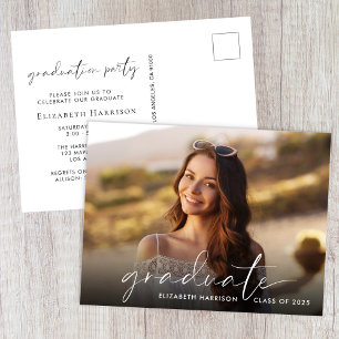 Elegant White Script Photo Graduation Party Invitation Postcard