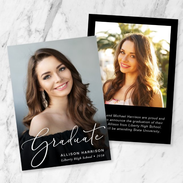 Elegant White Script Photo Overlay Graduation Announcement (An elegant photo graduation announcement to celebrate the graduate's achievements)